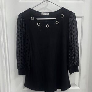 Chic Black Blouse with Sheer Polka Dot Sleeves